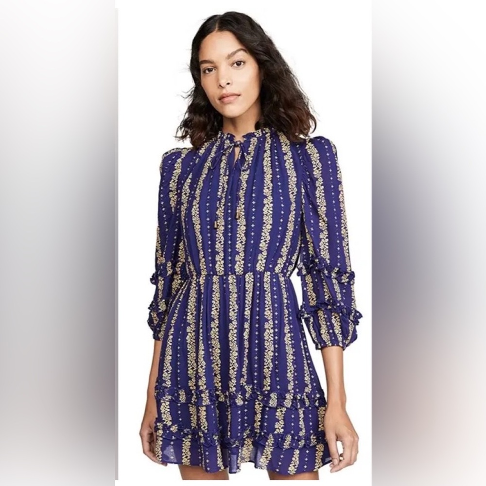 Valencia & Vine Emilie Mini Dress Navy Blue Yellow Floral Stripe Ruffle M